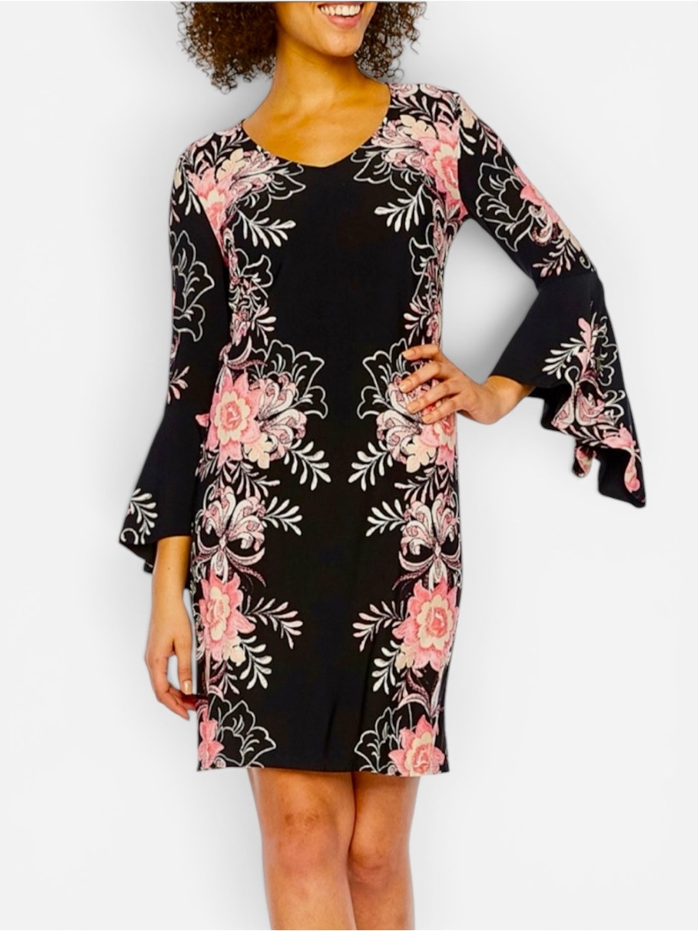 MSK Black/Pink Floral Midi Dress with Flowy Bell Sleeves